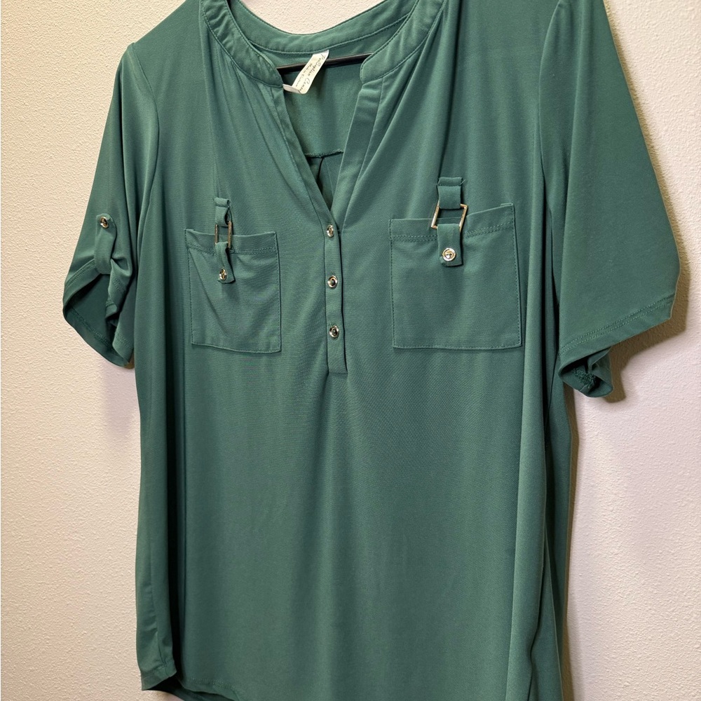 Perseption Concept Teal Blouse With Button Accents - image 2